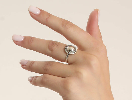 Adjustable Sterling Silver Dome Ring, Beaded Boho Statement Ring for Women