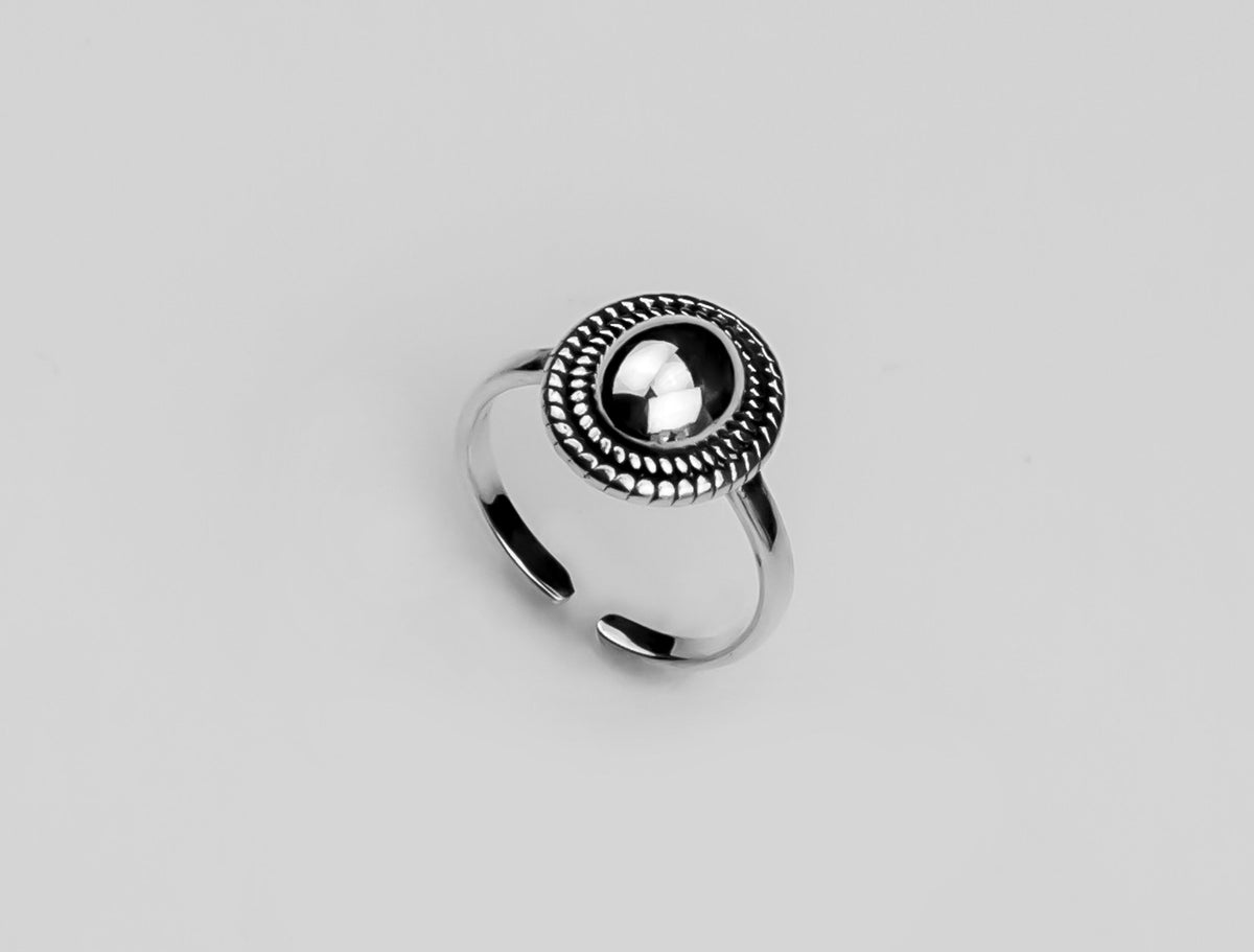 Adjustable Sterling Silver Dome Ring, Beaded Boho Statement Ring for Women