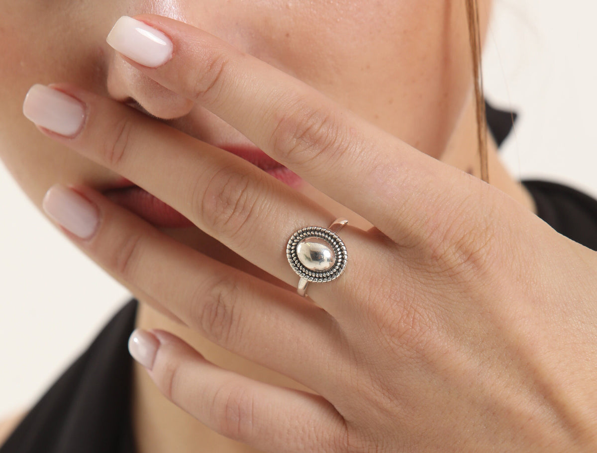 Adjustable Sterling Silver Dome Ring, Beaded Boho Statement Ring for Women