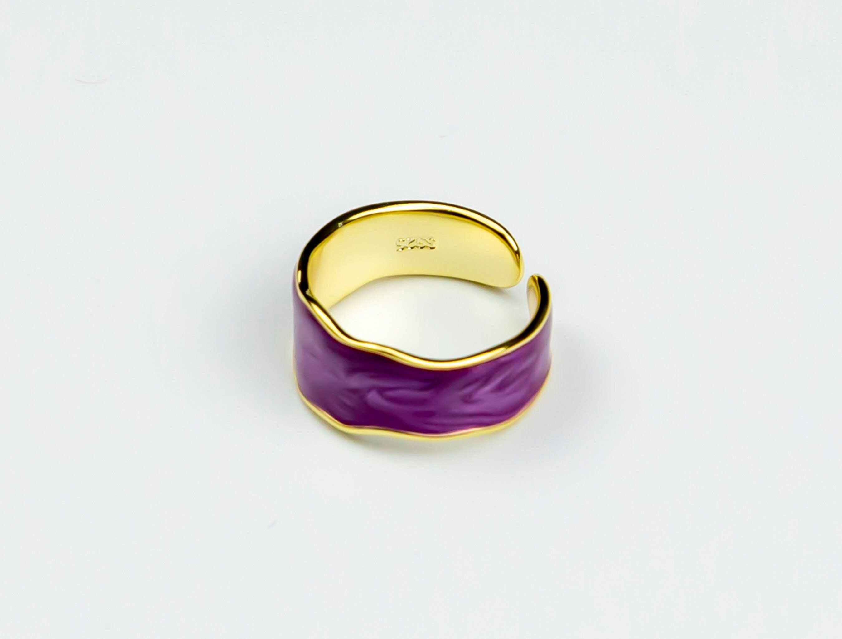 Gold-Plated Purple Enamel Silver Ring - Adjustable Luxury Retro Design with Irregular Edges - Trending Women's Jewelry