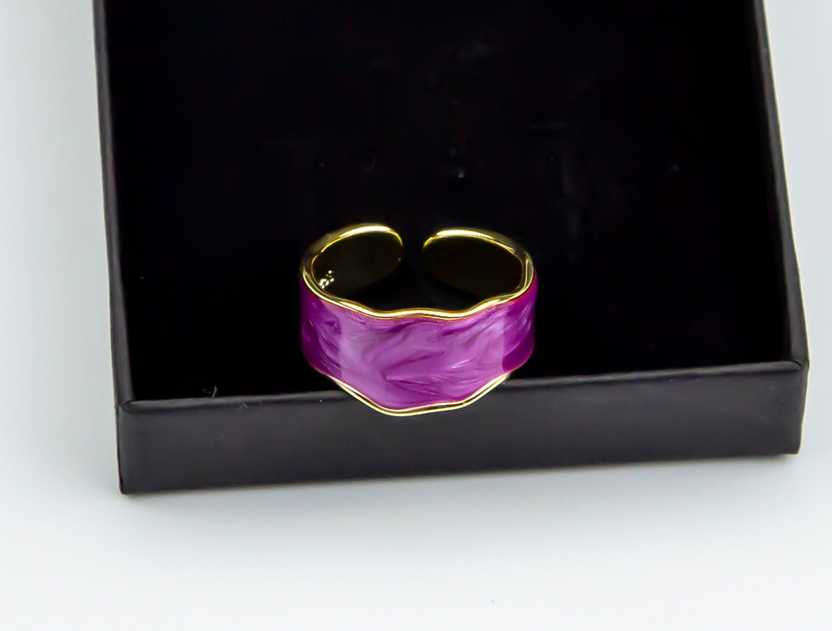 Gold-Plated Purple Enamel Silver Ring - Adjustable Luxury Retro Design with Irregular Edges - Trending Women's Jewelry