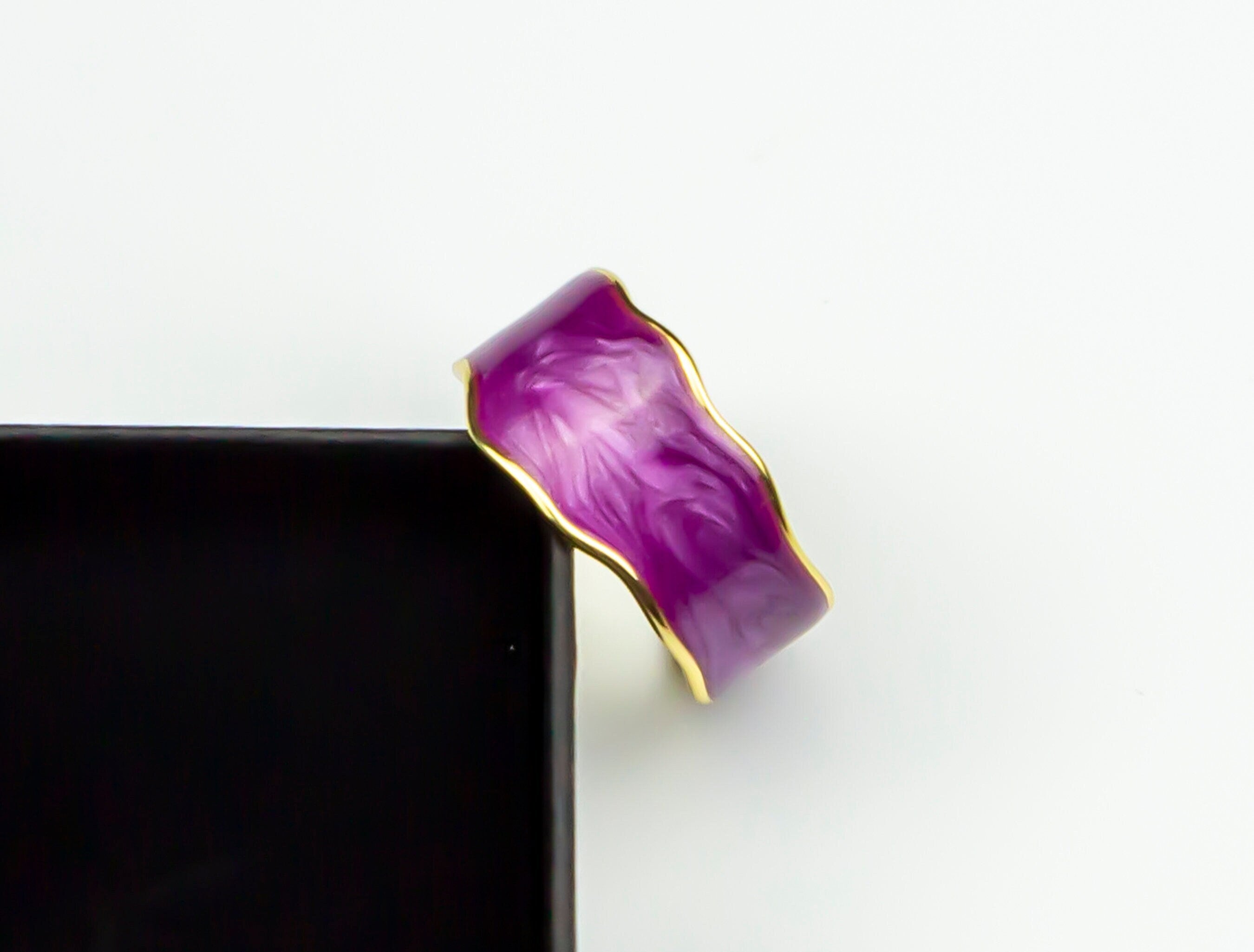 Gold-Plated Purple Enamel Silver Ring - Adjustable Luxury Retro Design with Irregular Edges - Trending Women's Jewelry