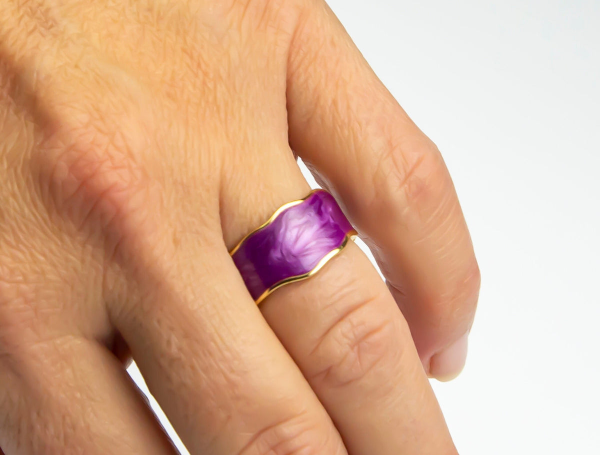 Gold-Plated Purple Enamel Silver Ring - Adjustable Luxury Retro Design with Irregular Edges - Trending Women's Jewelry