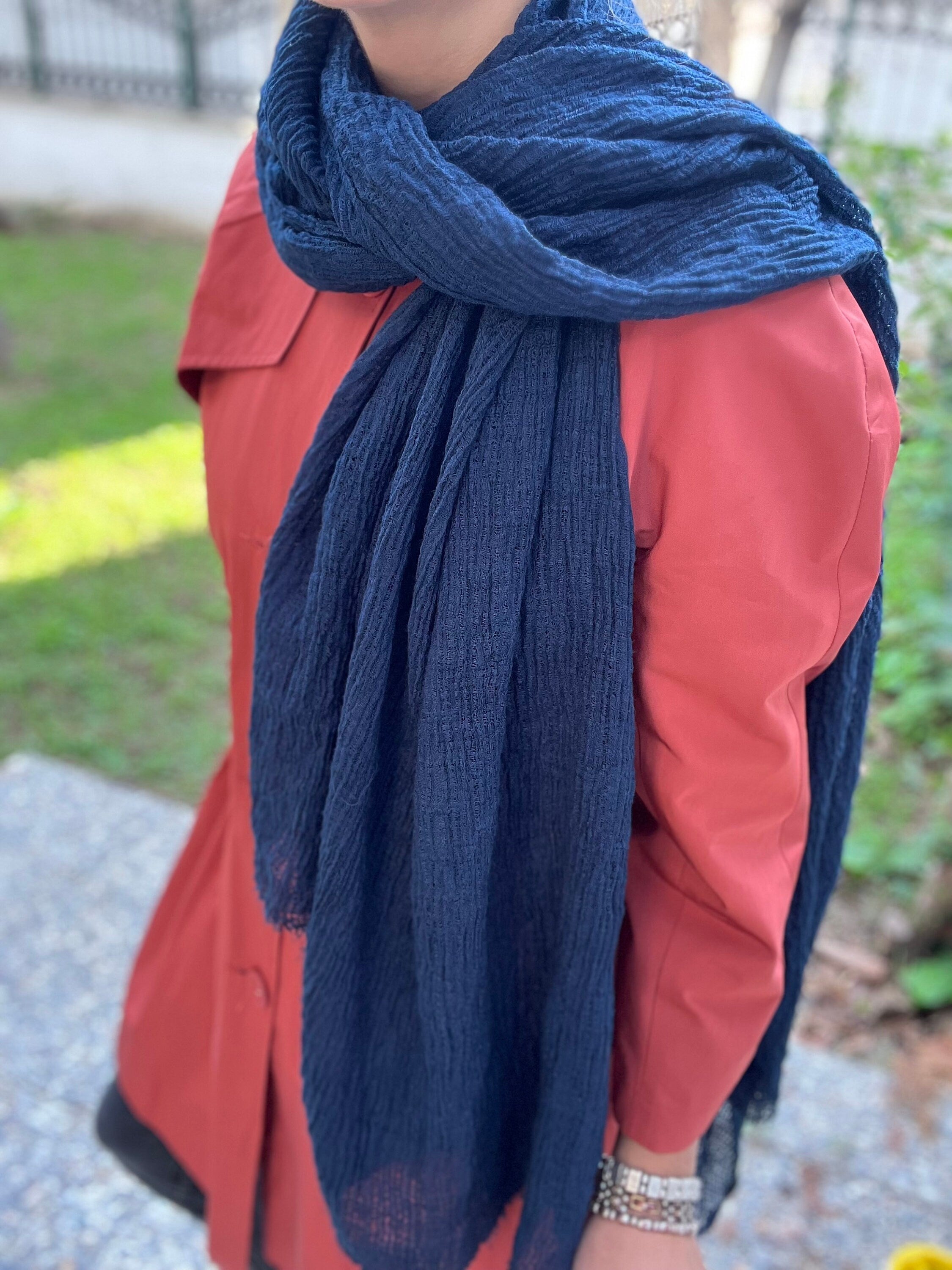 Dark Blue Organic Cotton Scarf - 100% Eco-Friendly Rectangle Navy Blue Scarf for Her