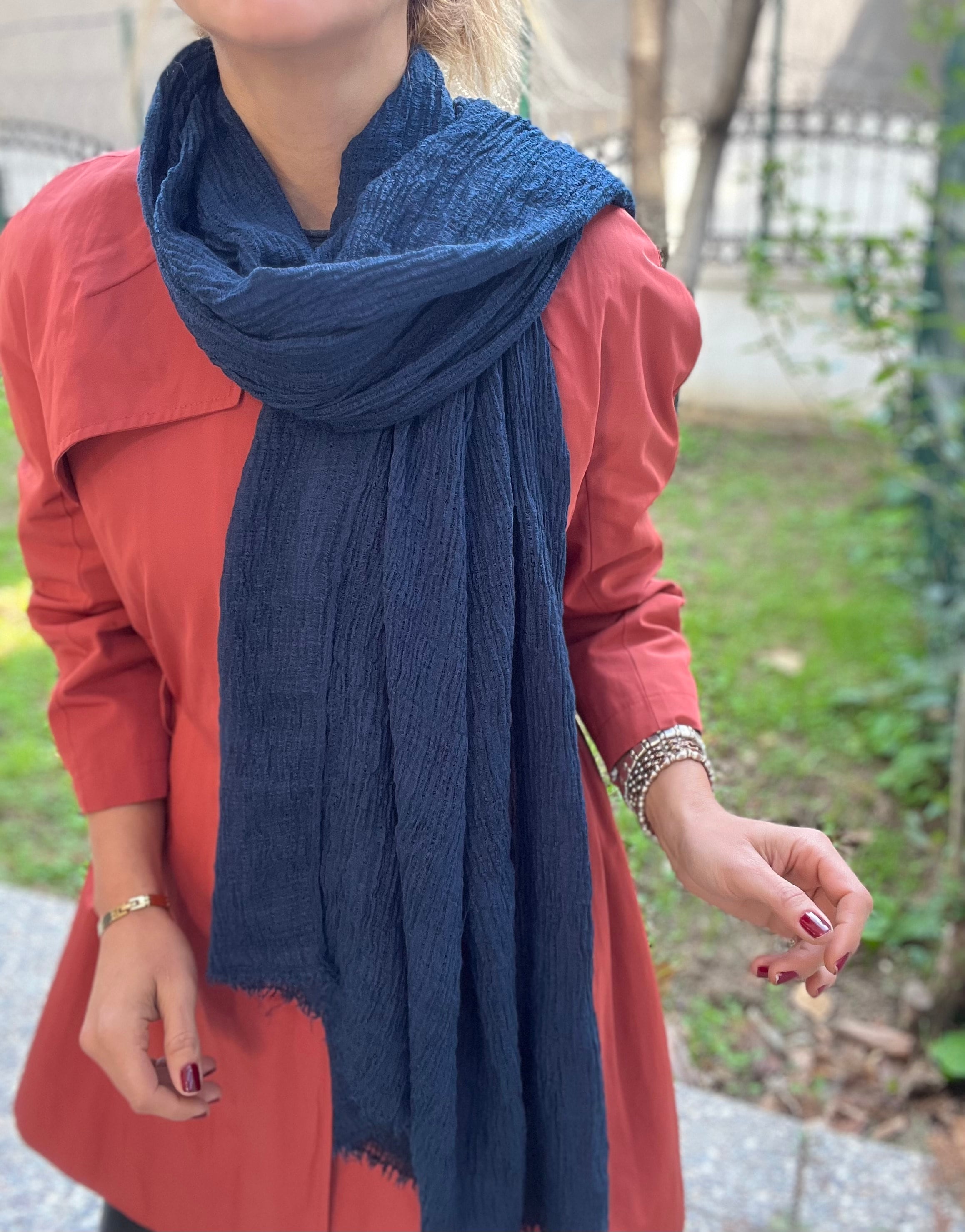 Dark Blue Organic Cotton Scarf - 100% Eco-Friendly Rectangle Navy Blue Scarf for Her