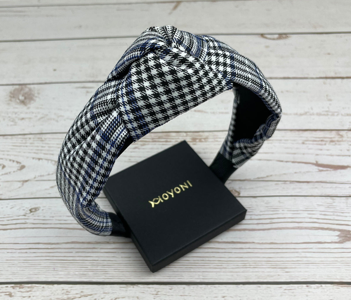 Elegant Classic Knotted Headband in Crepe White and Black with Dark Blue Stripes - Fashionable Hair Accessory for Women, Perfect for College available at Moyoni Design