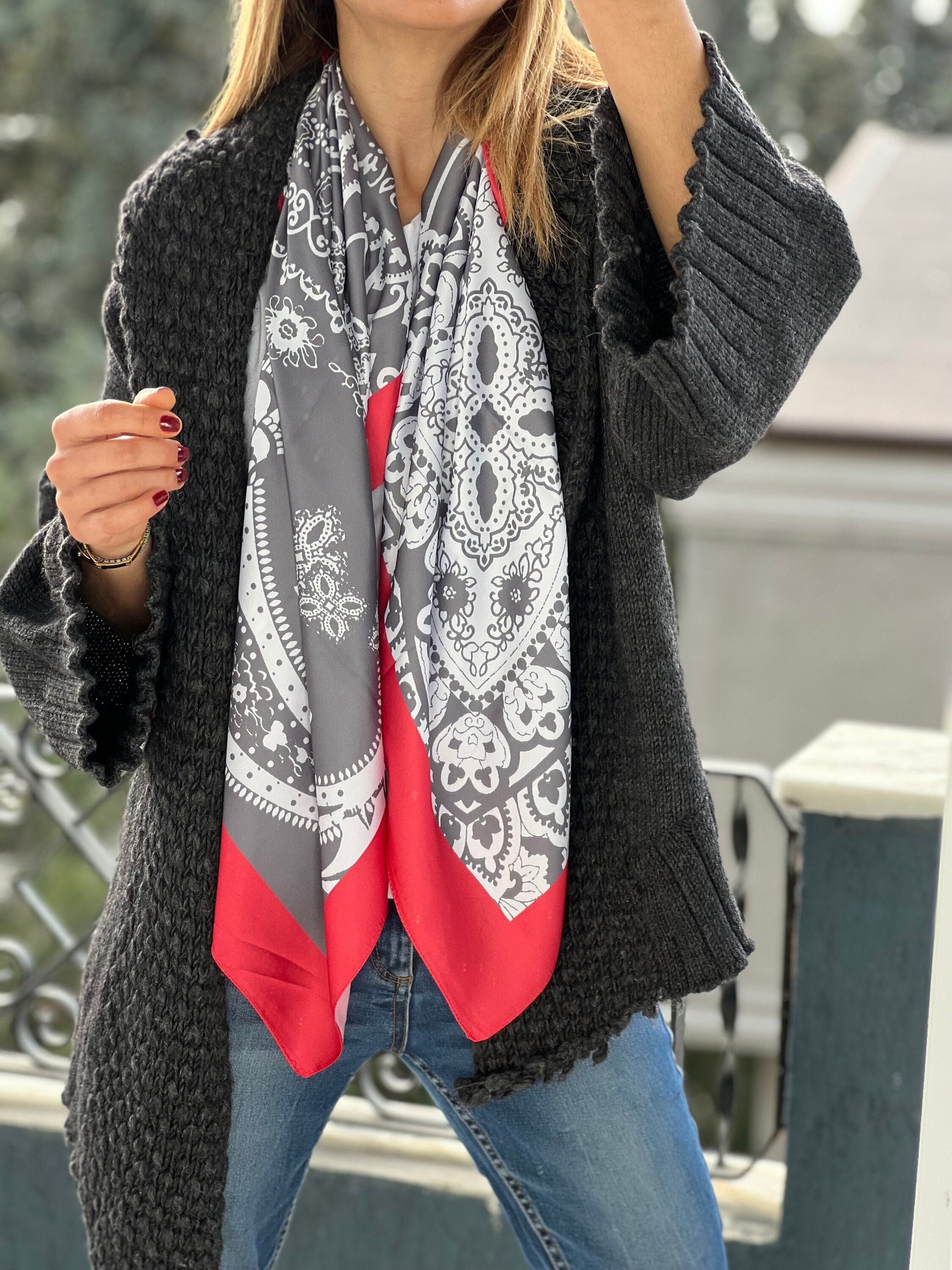 Elegant Red Gray White Silk Satin Blend Scarf - All Season Design Neck Scarf, Large and Silky - Perfect Gift for Women