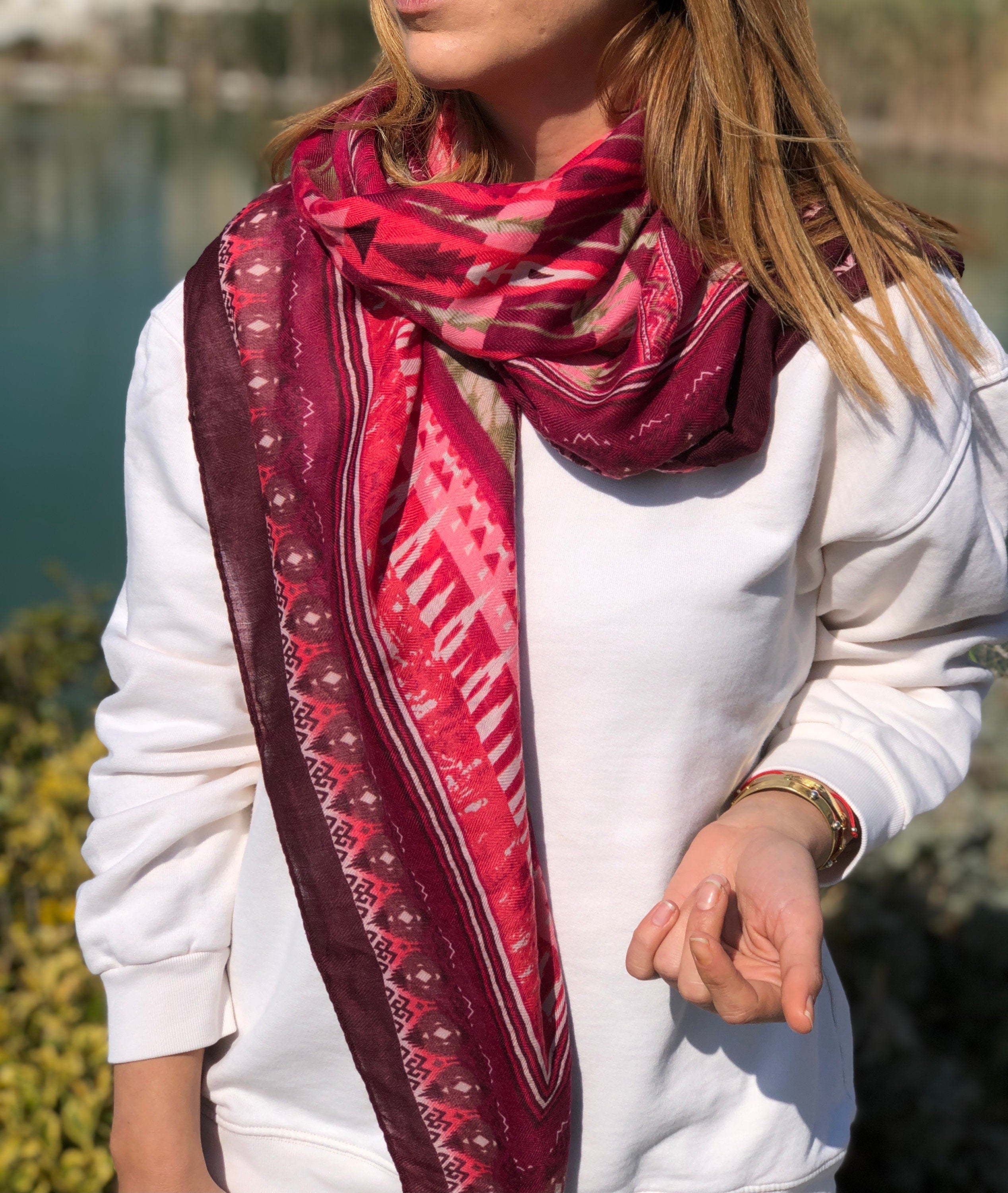 Large Cotton Scarf, All Season Scarf, Best Gift for Her, Colorful Scarf with Tassel, Mothers Day Gift, Pink Tones Color Shawl