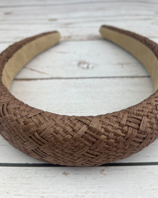 Brown Color Straw Padded Headband, Bohemian Headband, Wide Headband, Dark Color Raffia Padded Hairband, Straw Weaving Headband