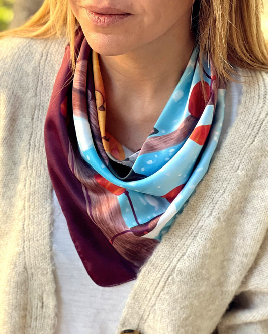 Elegant CAT Pattern Satin Scarf - Unique Design Hair Scarf for Women with Dark Blue, Green, and Orange Animal Print - Perfect Gift for Cat Lovers available at Moyoni Design