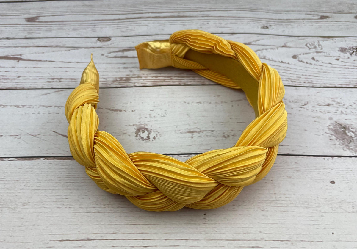Yellow Padded Satin Headband: Twisted Ruched Braided Design for Women