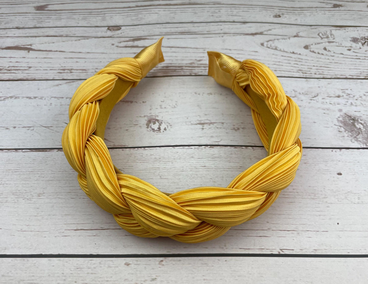 Yellow Padded Satin Headband: Twisted Ruched Braided Design for Women