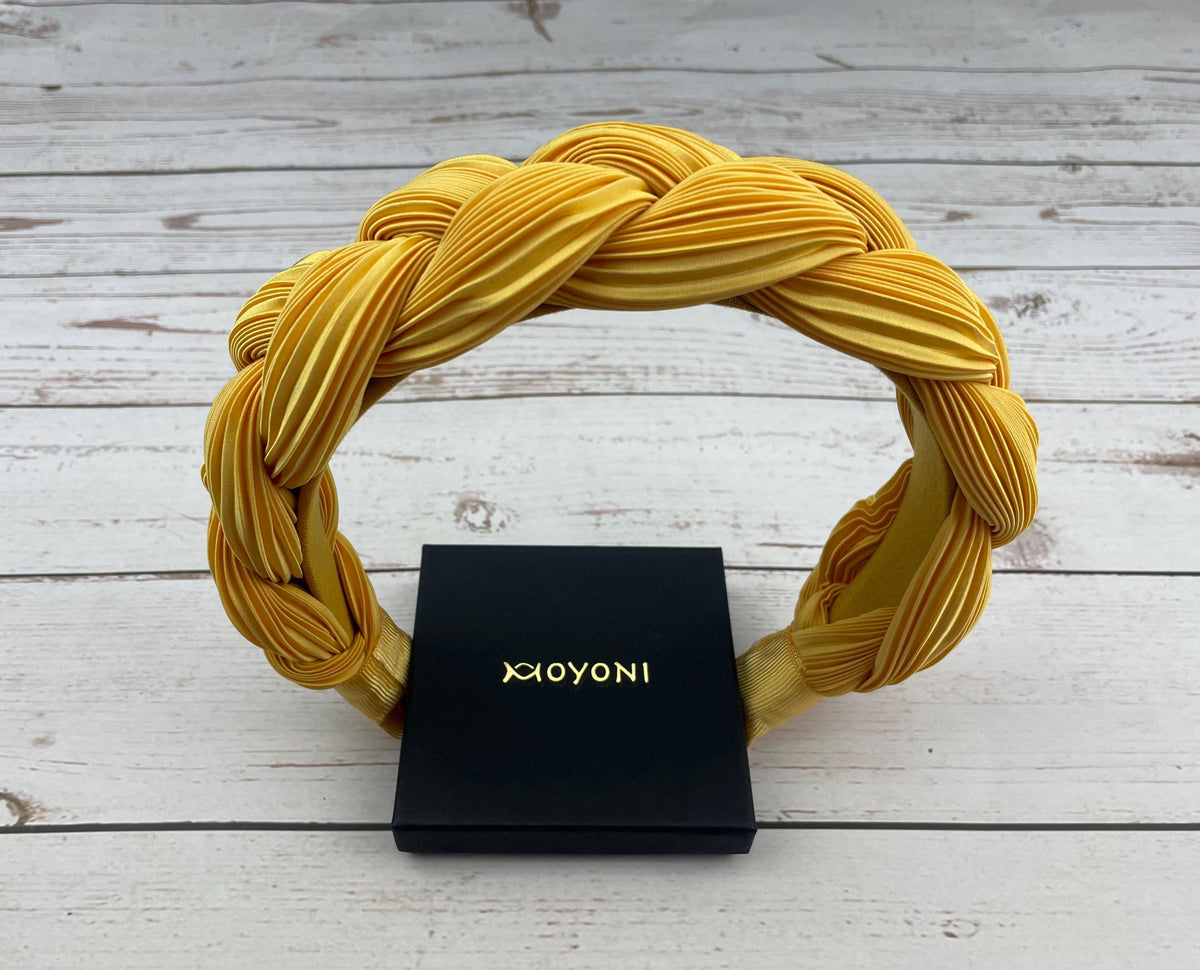 Yellow Padded Satin Headband: Twisted Ruched Braided Design for Women