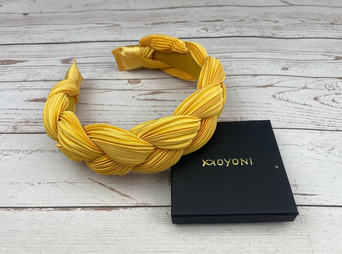Yellow Padded Satin Headband: Twisted Ruched Braided Design for Women