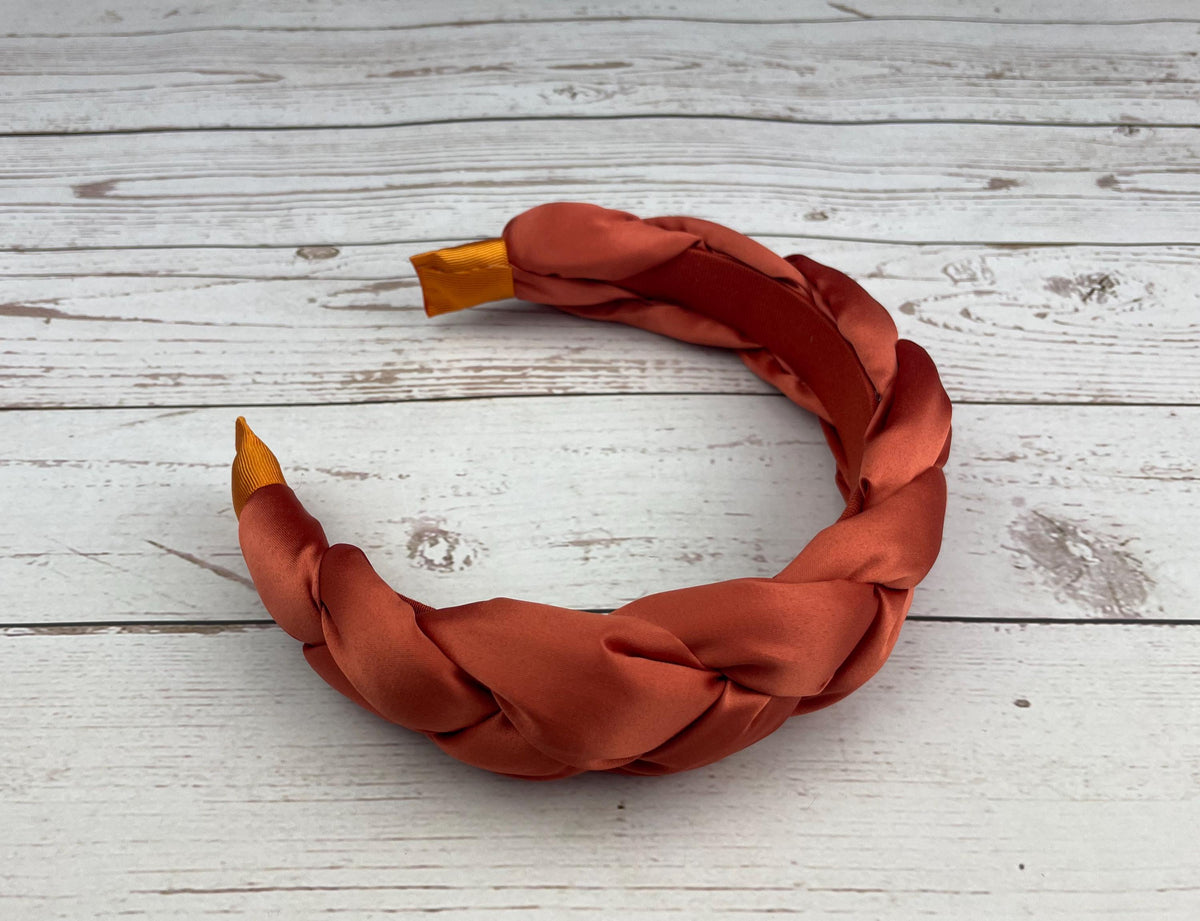 Terracotta Satin Braided Headband, Padded Alice Band, Autumn Wedding Guest Hair Accessory