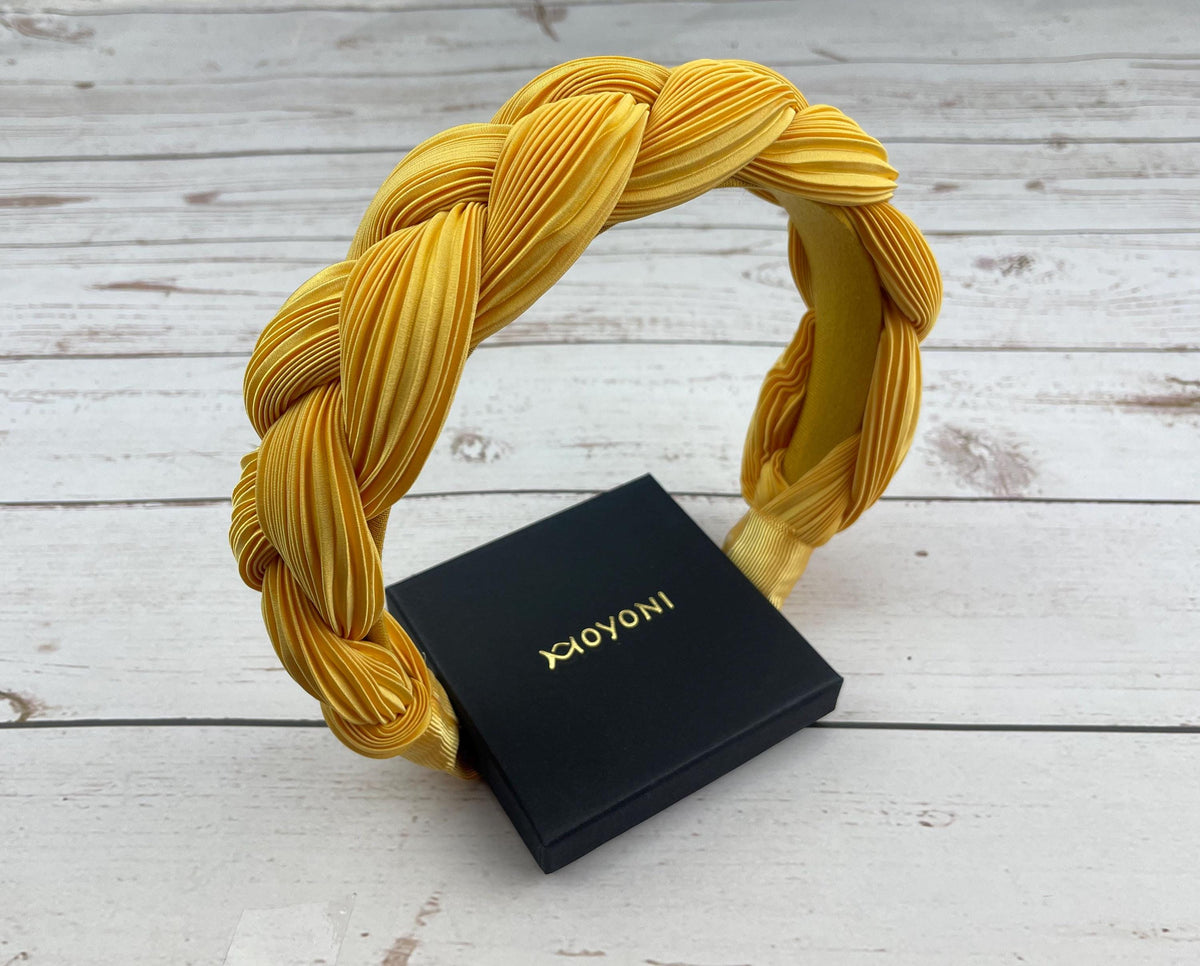 Yellow Padded Satin Headband: Twisted Ruched Braided Design for Women