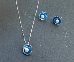 Handmade 925 Sterling Silver Floral Blue Cloisonne Enamel & Pearl Necklace and Earrings Set - Buy as Set or Separately