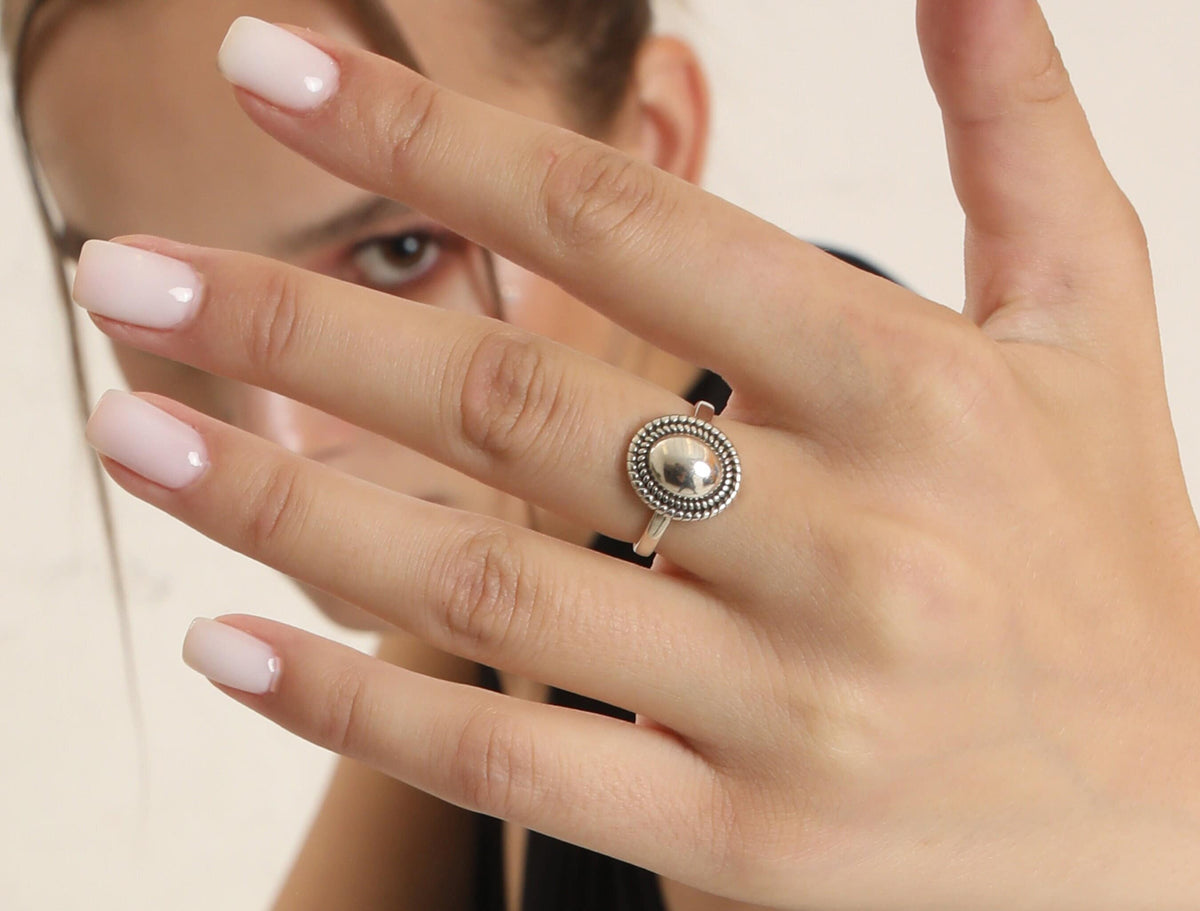 Adjustable Sterling Silver Dome Ring, Beaded Boho Statement Ring for Women