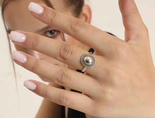 Adjustable Sterling Silver Dome Ring, Beaded Boho Statement Ring for Women