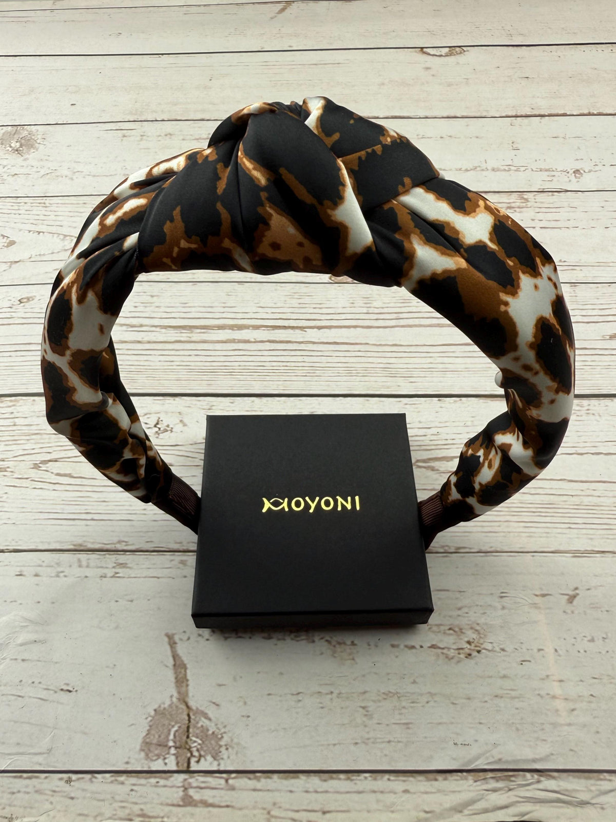 Brown Leopard Print Knotted Headband: Padded Satin Turban