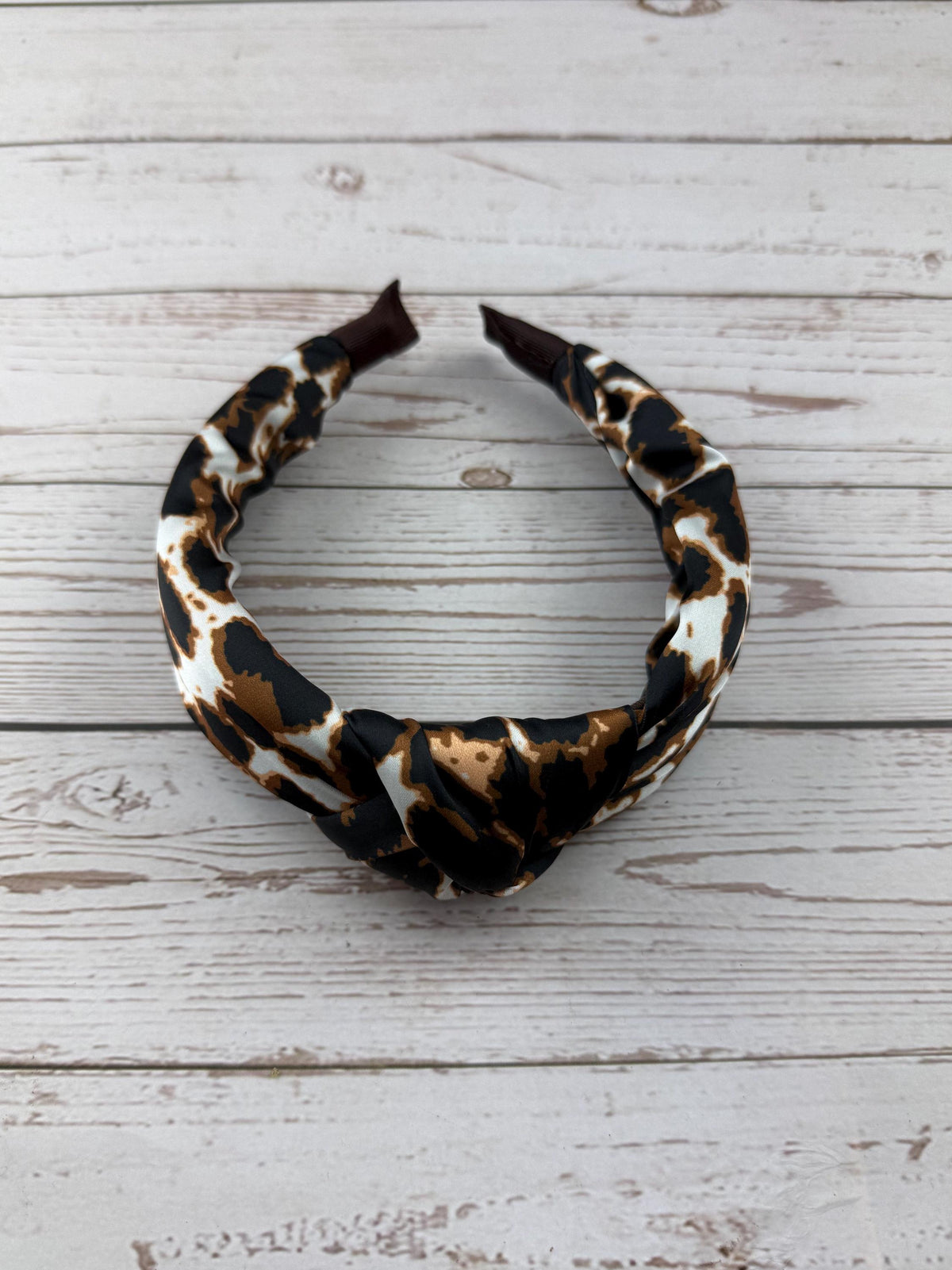 Brown Leopard Print Knotted Headband: Padded Satin Turban