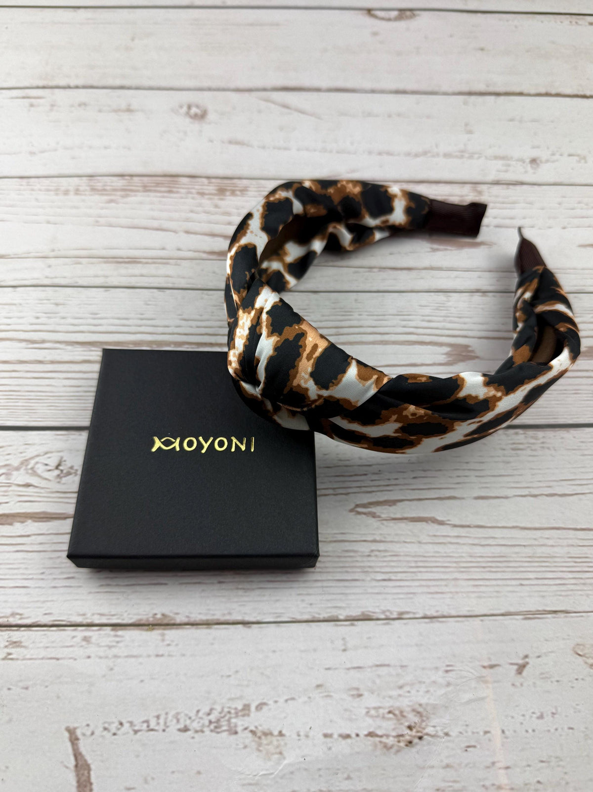 Brown Leopard Print Knotted Headband: Padded Satin Turban