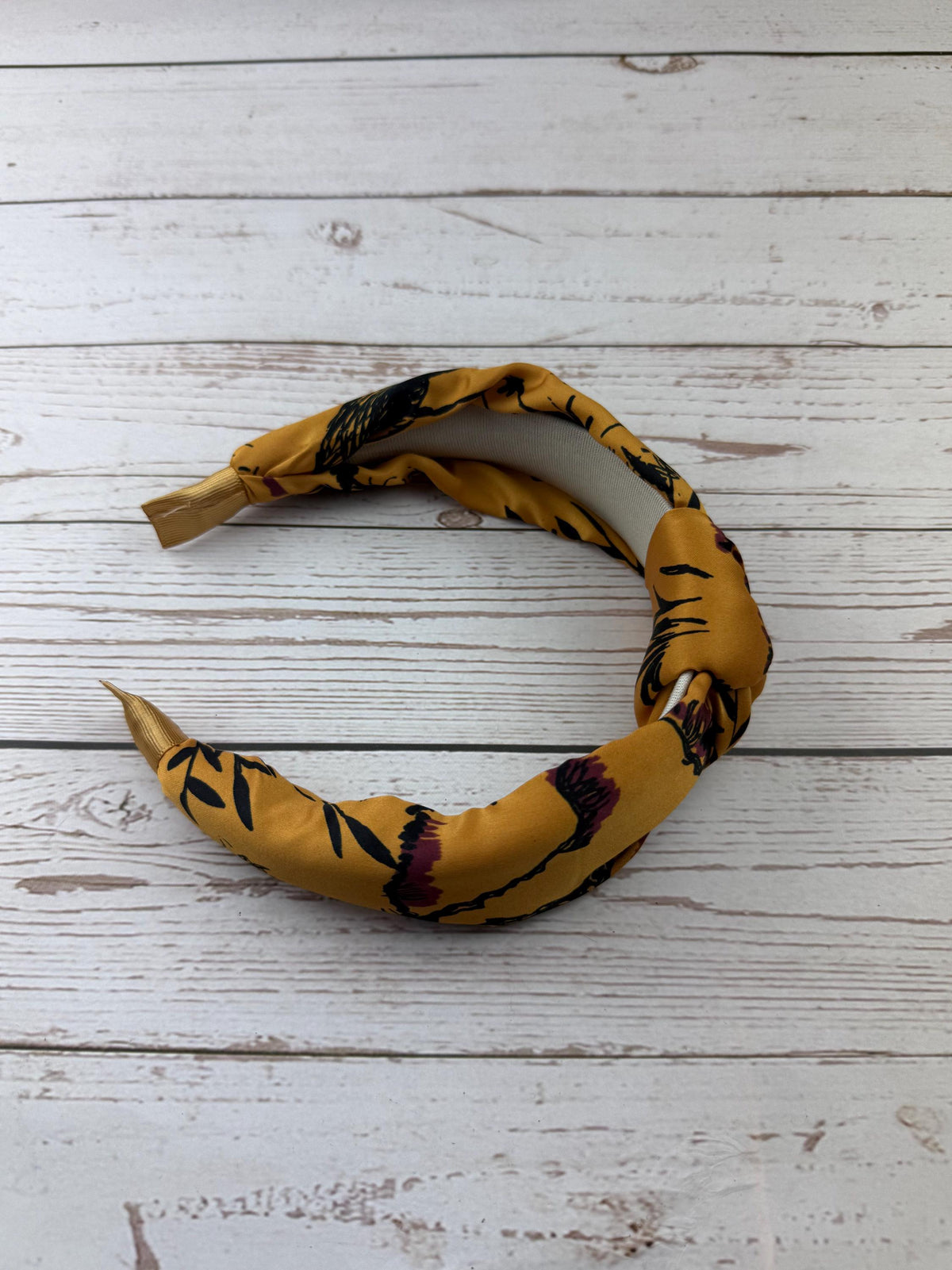 Mustard Yellow Floral Knot Headband: Satin Padded Turban - Handmade