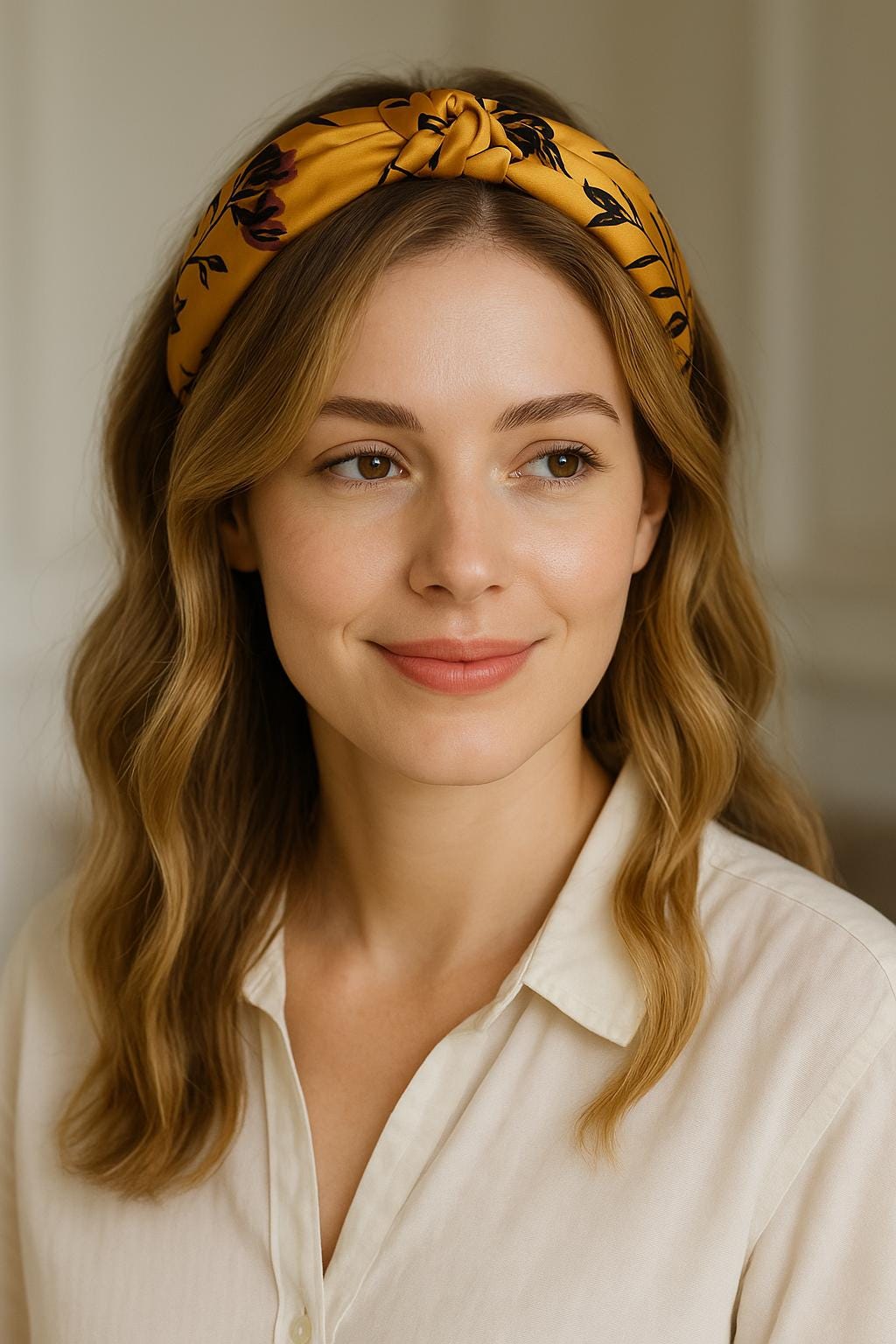 Mustard Yellow Floral Knot Headband: Satin Padded Turban - Handmade