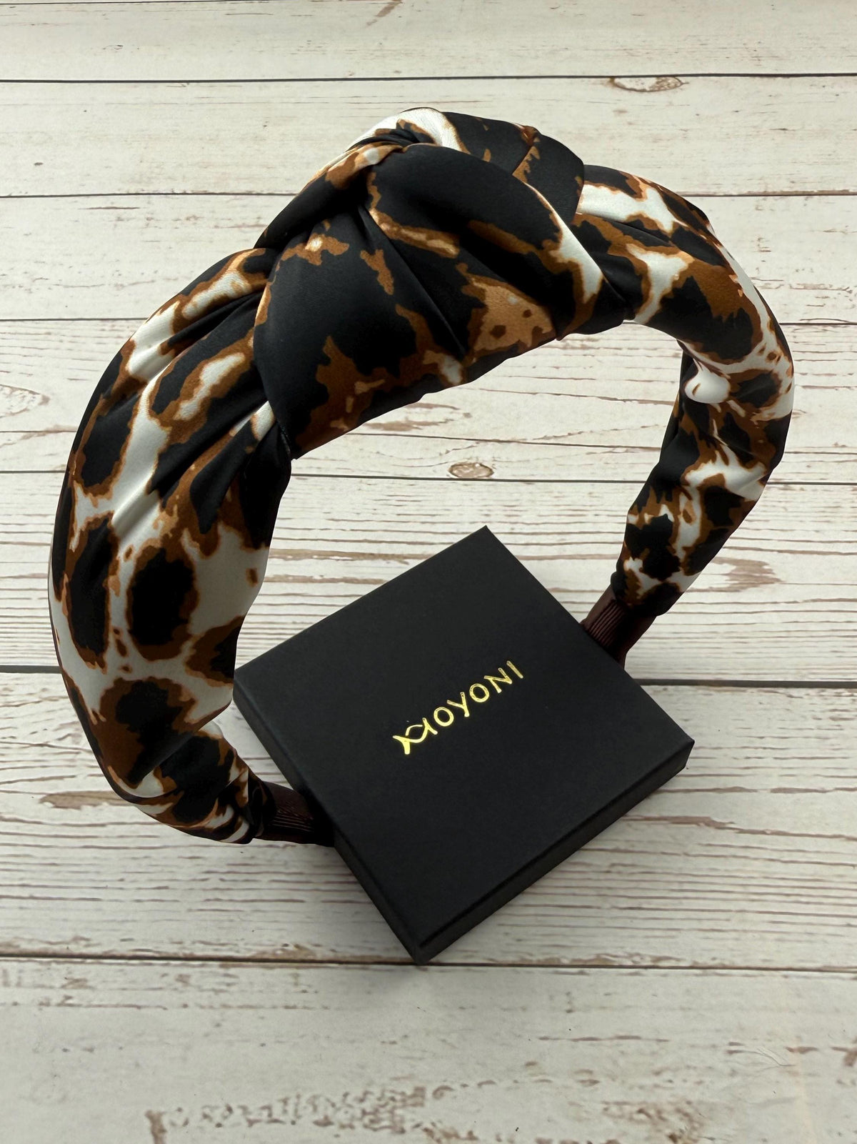 Brown Leopard Print Knotted Headband: Padded Satin Turban