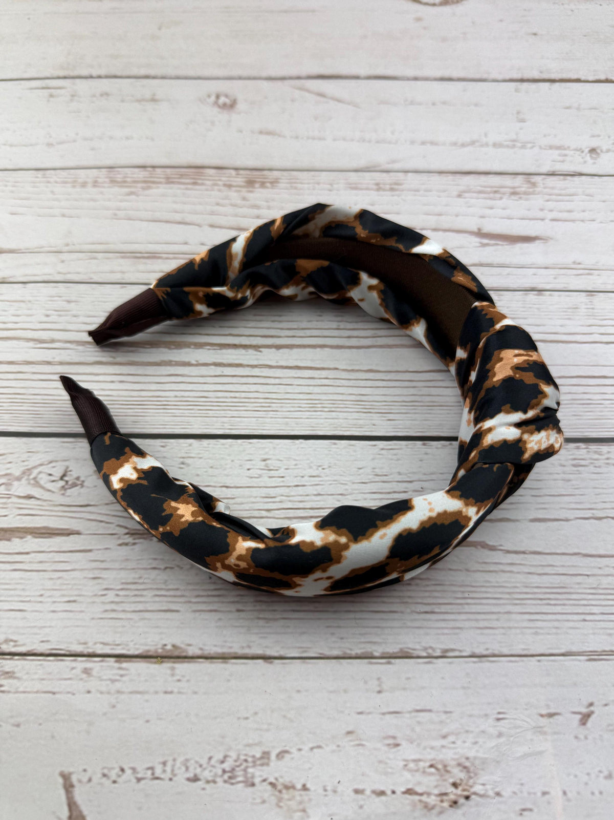 Brown Leopard Print Knotted Headband: Padded Satin Turban