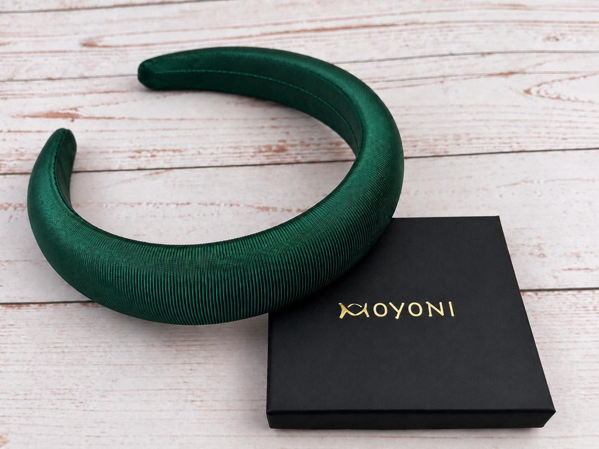 Emerald Green Padded Headband, Satin Ribbed Hairband, Dark Green Statement Headband, Wedding Guest Hair Accessory