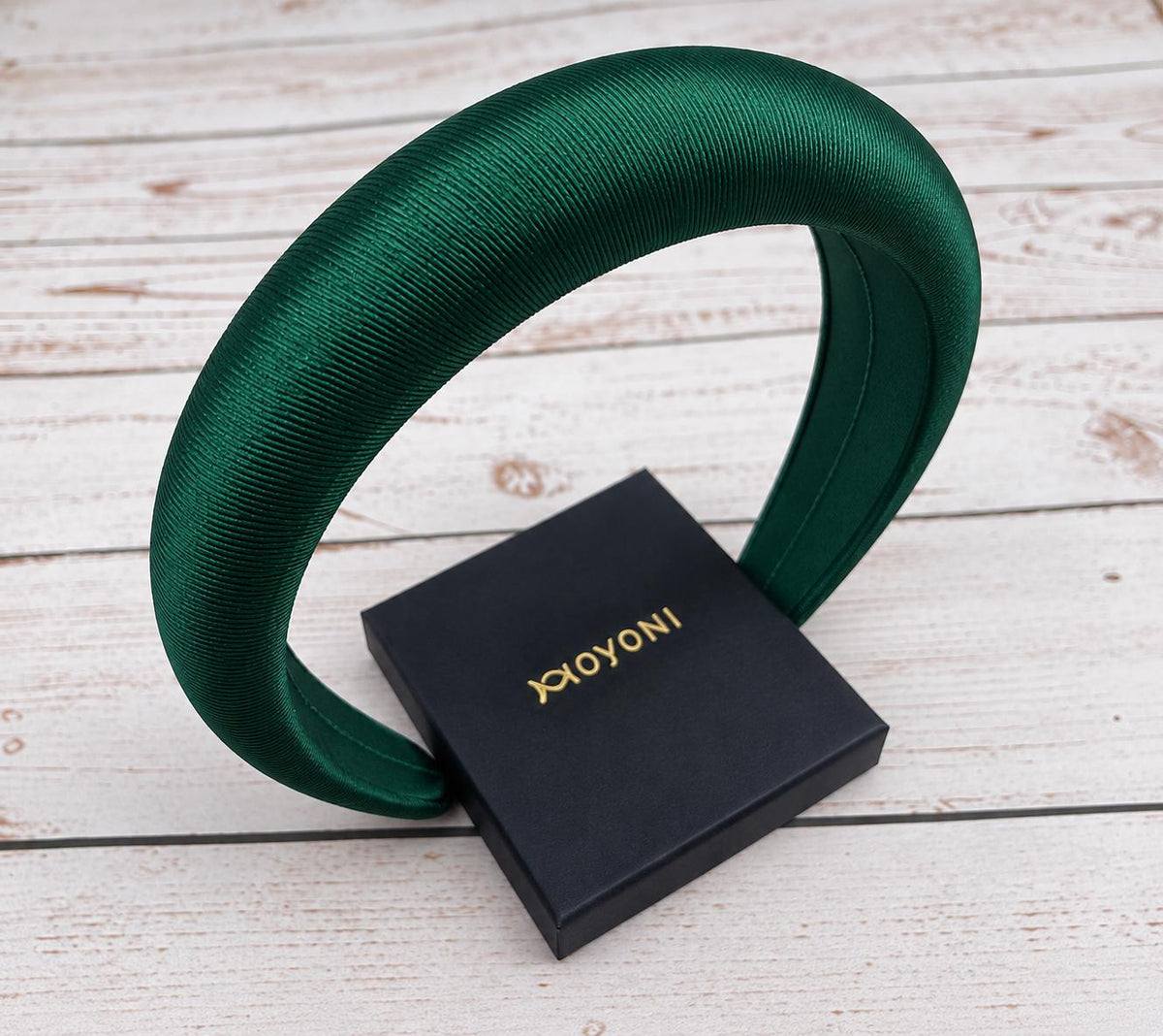 Emerald Green Padded Headband, Satin Ribbed Hairband, Dark Green Statement Headband, Wedding Guest Hair Accessory