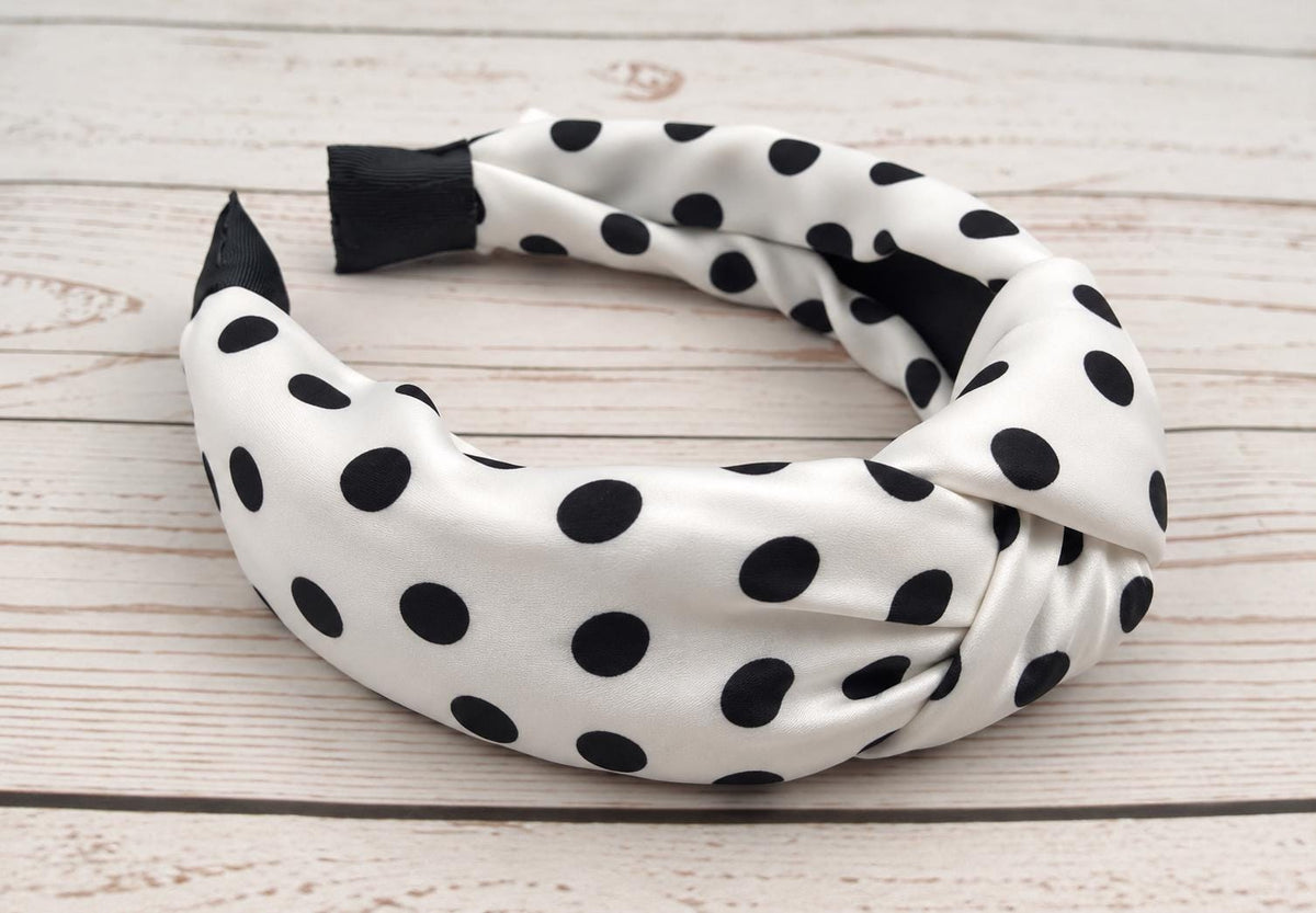 Black White Polka Dot Satin Headband, Padded Alice Band for Women, Retro Spotty Hairband, Gift for Her