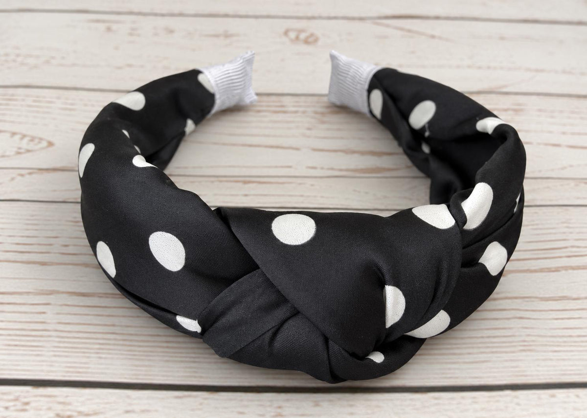 Black & White Polka Dot Satin Headband, Padded Knot Hairband, Wide Statement Headband, Women’s Hair Accessory, Retro Spot Headband