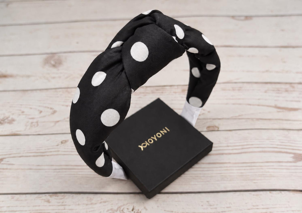 Black & White Polka Dot Satin Headband, Padded Knot Hairband, Wide Statement Headband, Women’s Hair Accessory, Retro Spot Headband