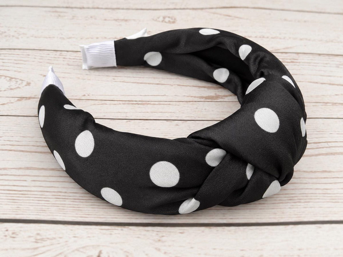 Black & White Polka Dot Satin Headband, Padded Knot Hairband, Wide Statement Headband, Women’s Hair Accessory, Retro Spot Headband