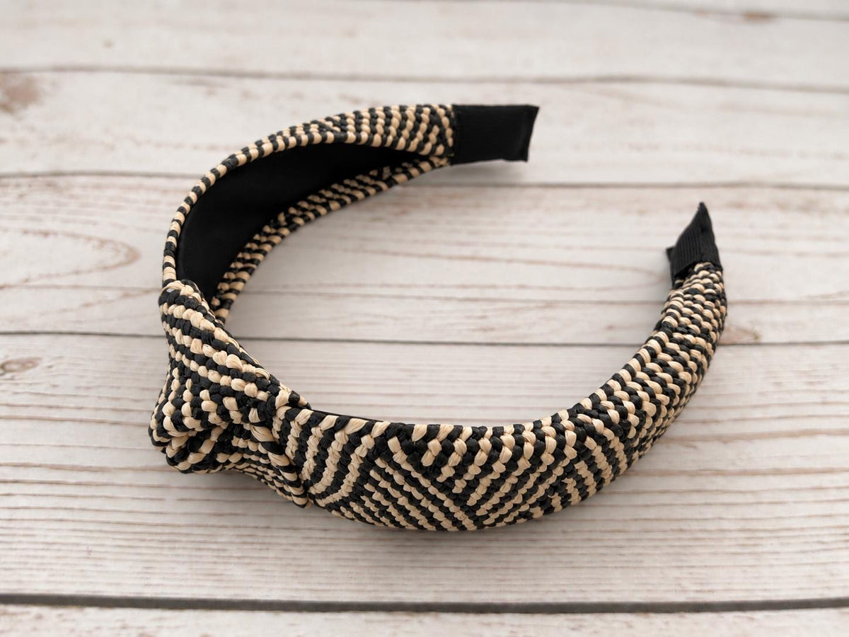 Black & Cream Woven Headband, Natural Raffia Knotted Headband, Wide Straw Hairband, Boho Summer Hair Accessory for Women