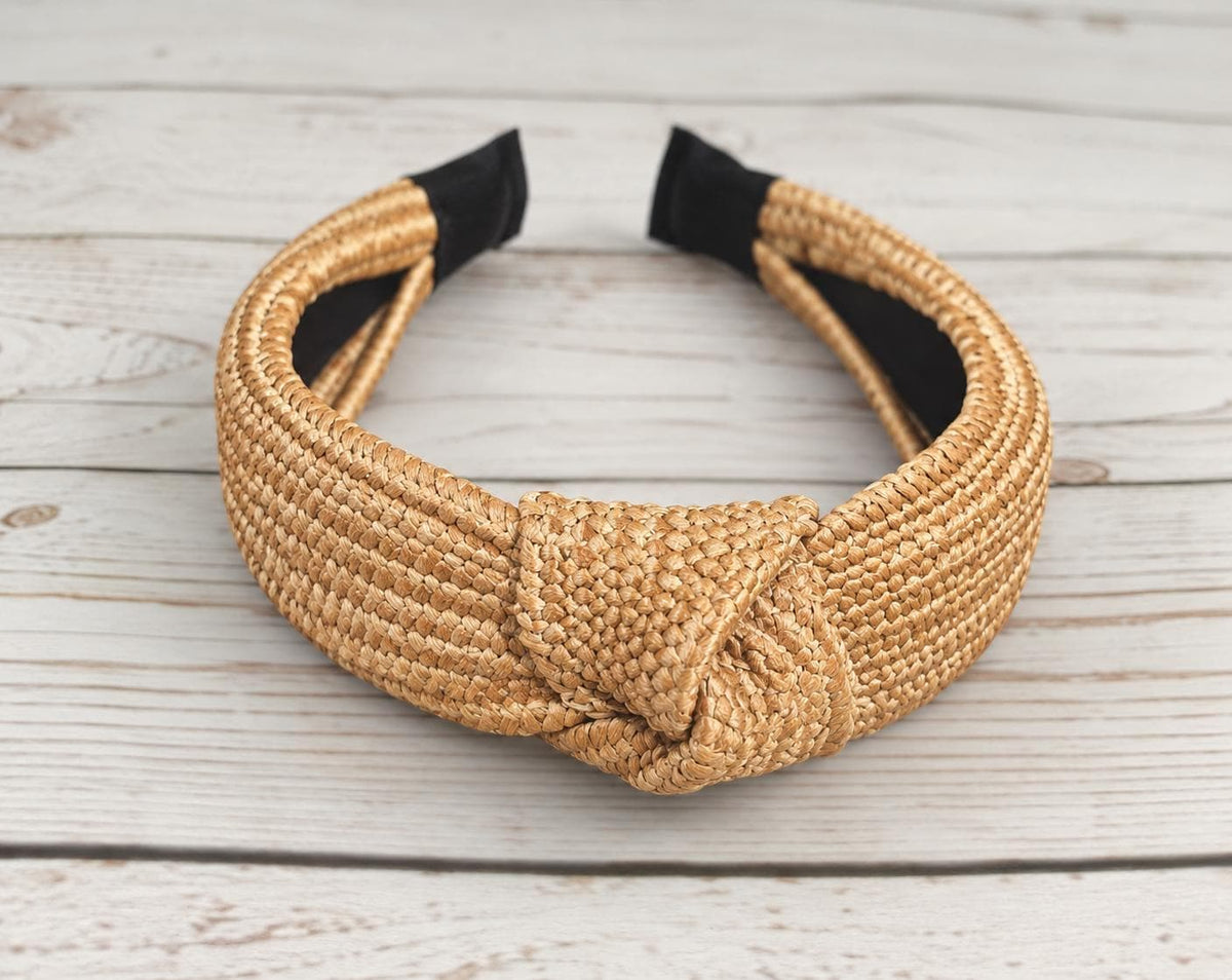 Tan Woven Headband for Women, Raffia Knot Headband, Natural Straw Hairband, Wide Summer Headband, Boho Hair Accessory