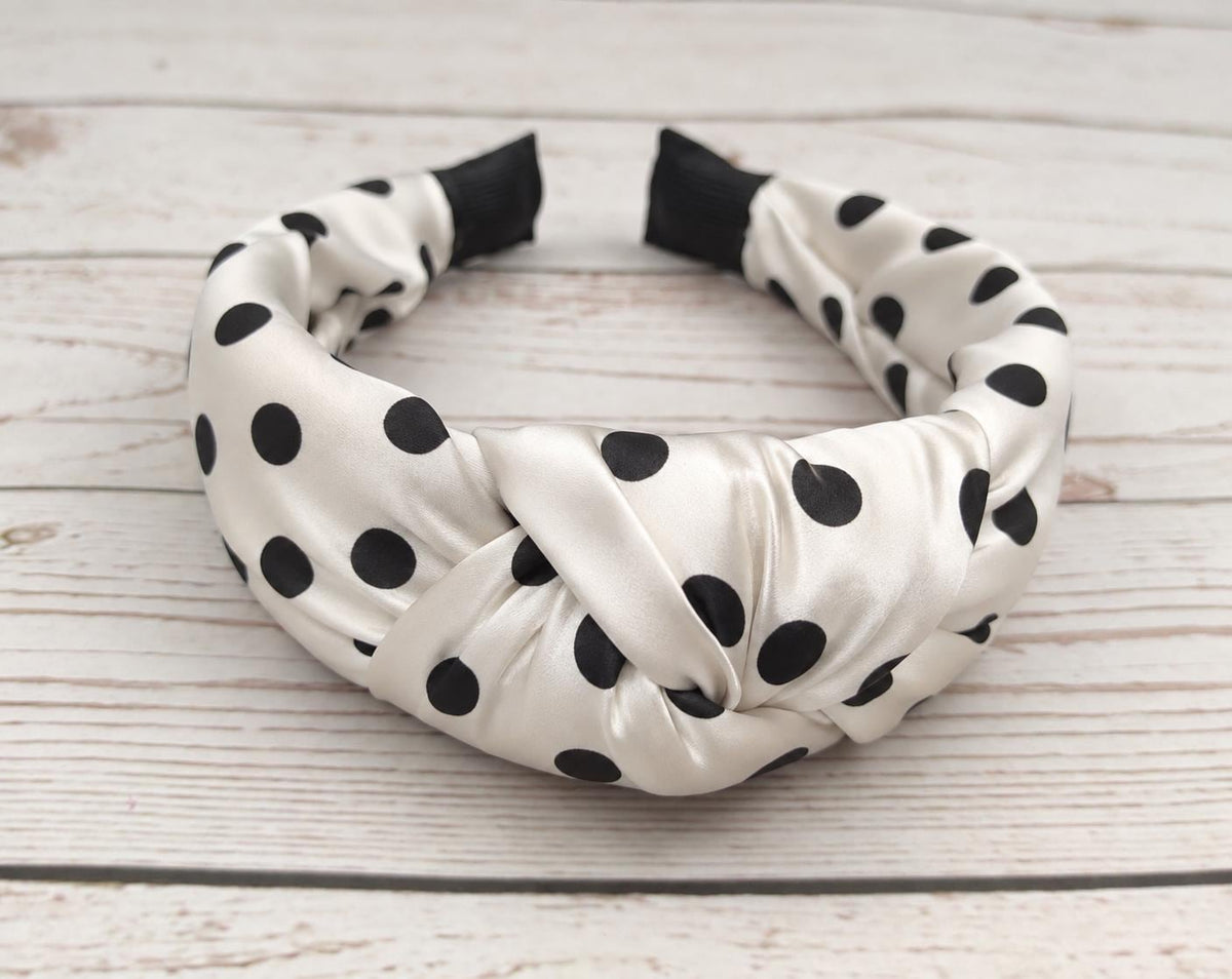 Black White Polka Dot Satin Headband, Padded Alice Band for Women, Retro Spotty Hairband, Gift for Her
