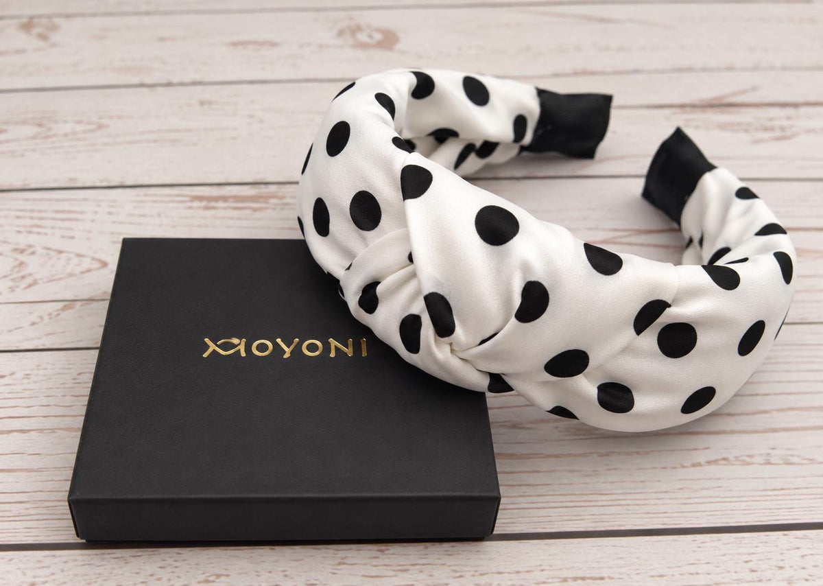 Black White Polka Dot Satin Headband, Padded Alice Band for Women, Retro Spotty Hairband, Gift for Her