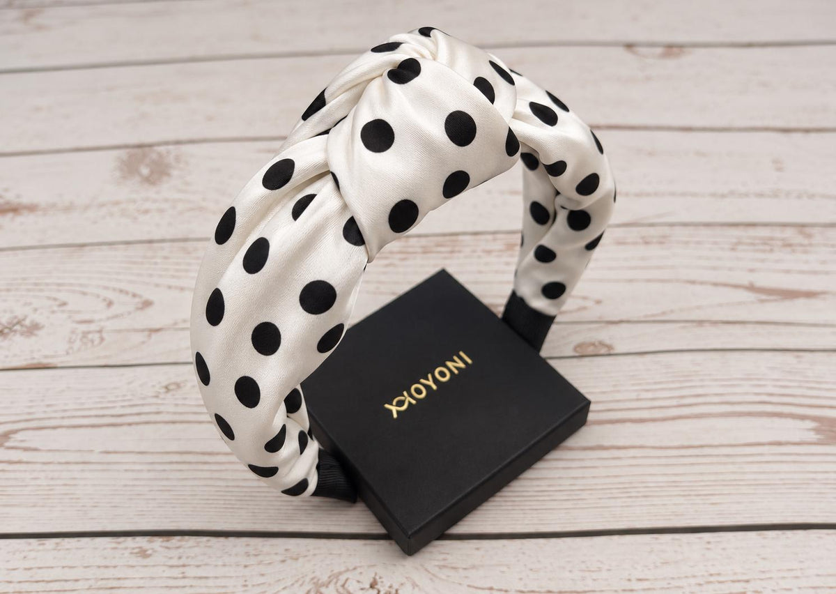 Black White Polka Dot Satin Headband, Padded Alice Band for Women, Retro Spotty Hairband, Gift for Her