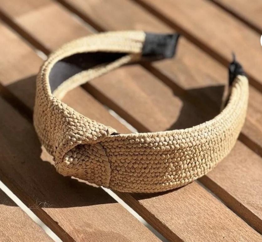 Cream Raffia Headband, Woven Straw Knotted Hairband, Beige Wide Headband, Summer Hair Accessory, Natural Raffia Hairband for Women