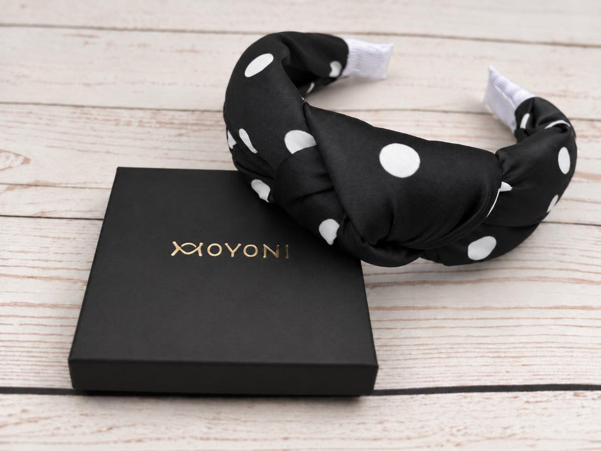 Black & White Polka Dot Satin Headband, Padded Knot Hairband, Wide Statement Headband, Women’s Hair Accessory, Retro Spot Headband