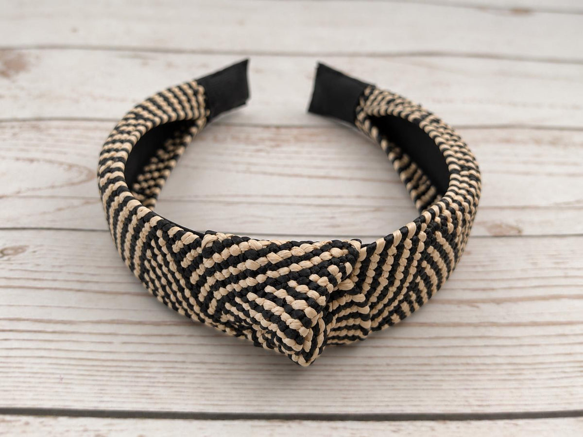 Black & Cream Woven Headband, Natural Raffia Knotted Headband, Wide Straw Hairband, Boho Summer Hair Accessory for Women