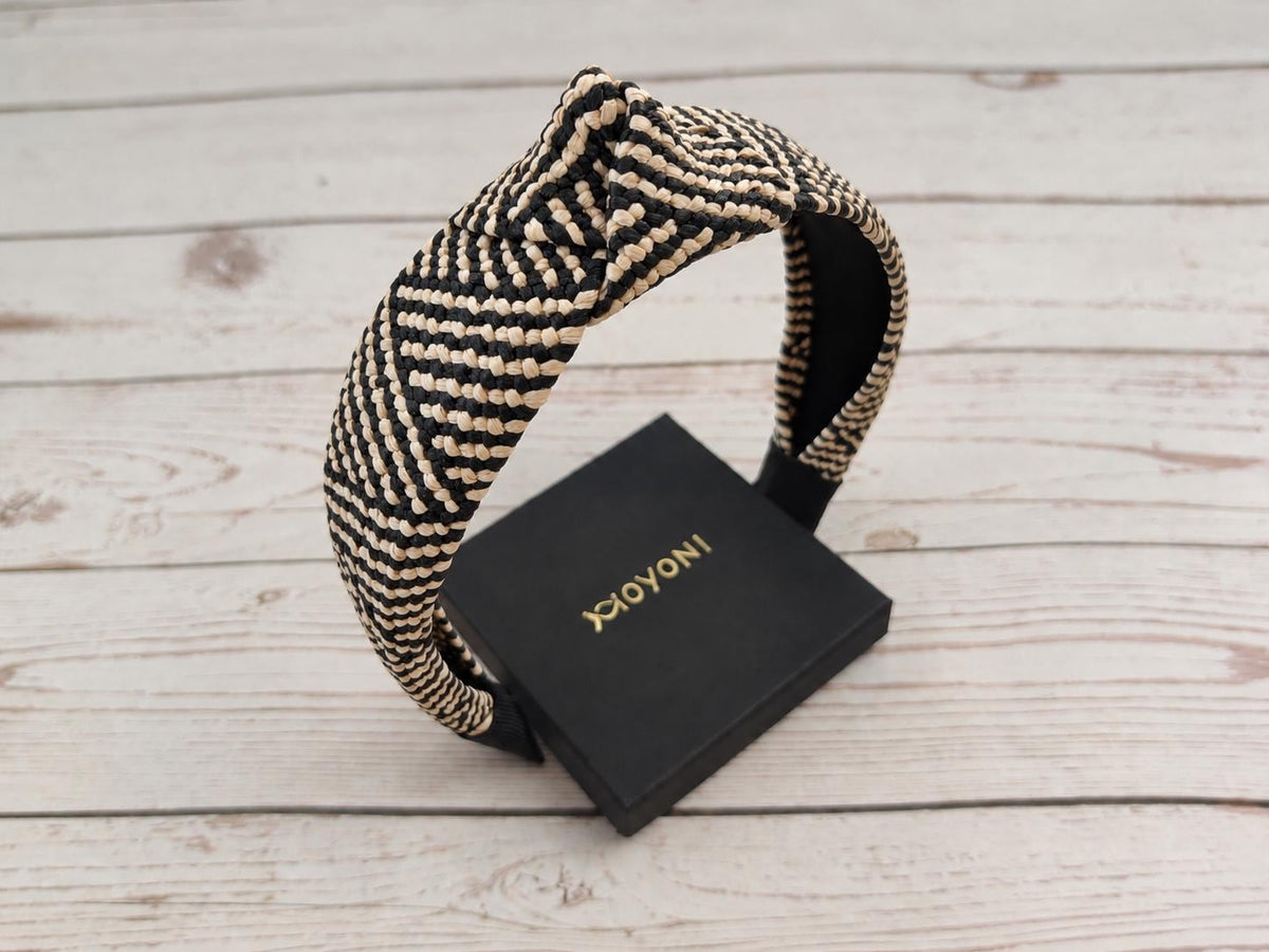 Black & Cream Woven Headband, Natural Raffia Knotted Headband, Wide Straw Hairband, Boho Summer Hair Accessory for Women