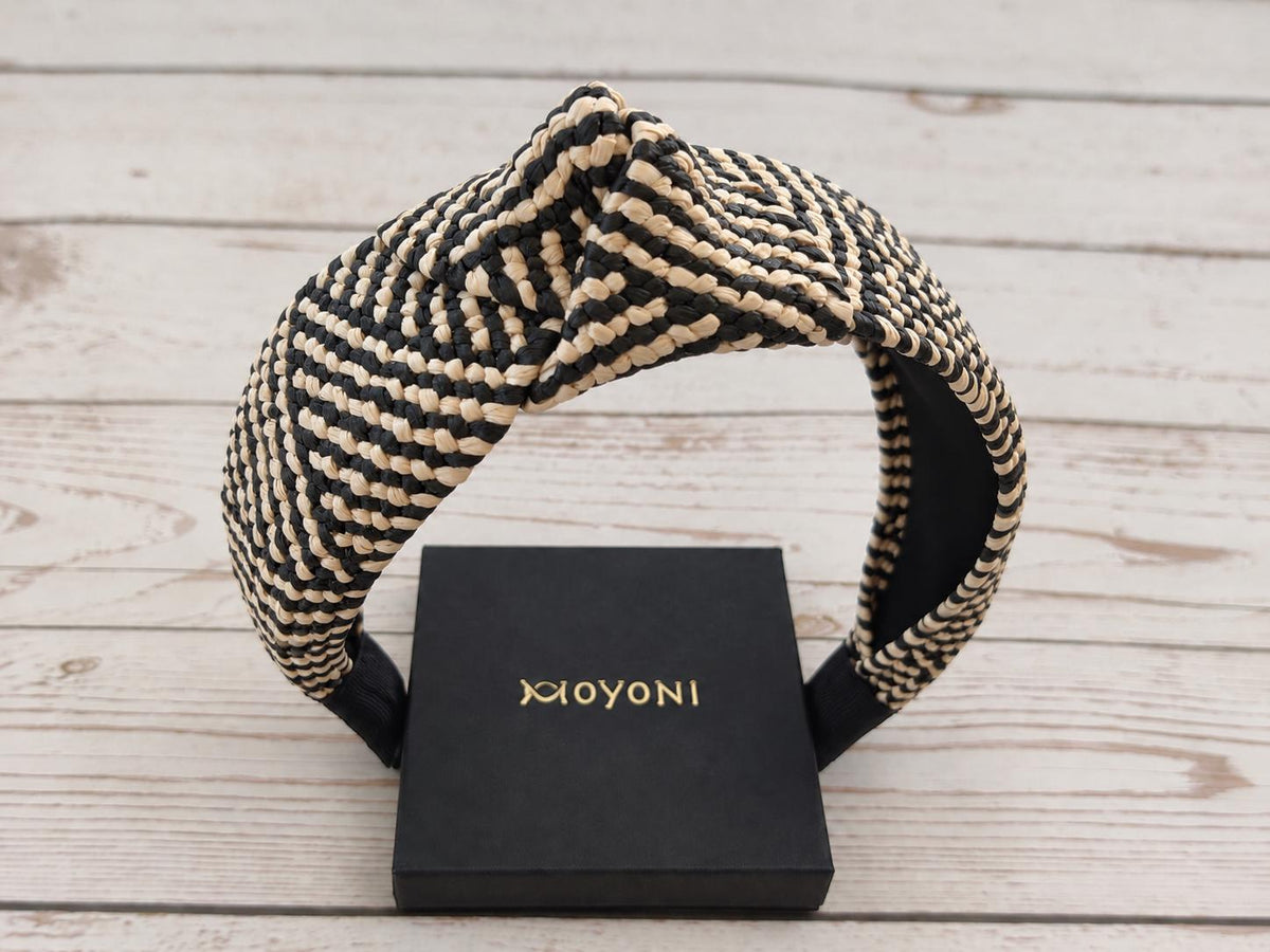 Black & Cream Woven Headband, Natural Raffia Knotted Headband, Wide Straw Hairband, Boho Summer Hair Accessory for Women
