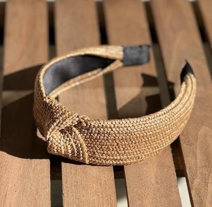 Tan Woven Headband for Women, Raffia Knot Headband, Natural Straw Hairband, Wide Summer Headband, Boho Hair Accessory