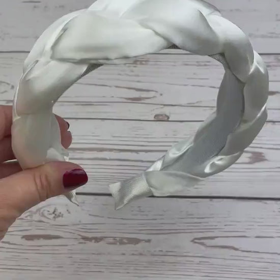 Stylish Snow White Satin Knitted Padded Headband for Women's Celebrations and Weddings