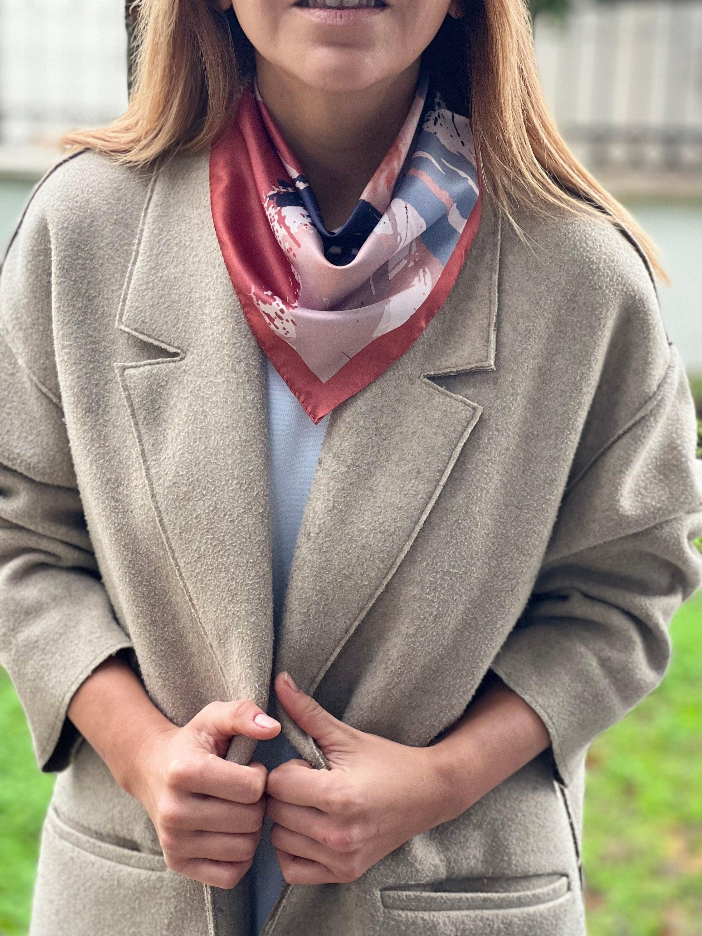 High-Quality 100% Satin Spring Scarf in Dark Blue Cream Art Pattern - Gift for Women, Neck Scarf, Hair Scarf, Red White Head Scarf available at Moyoni Design