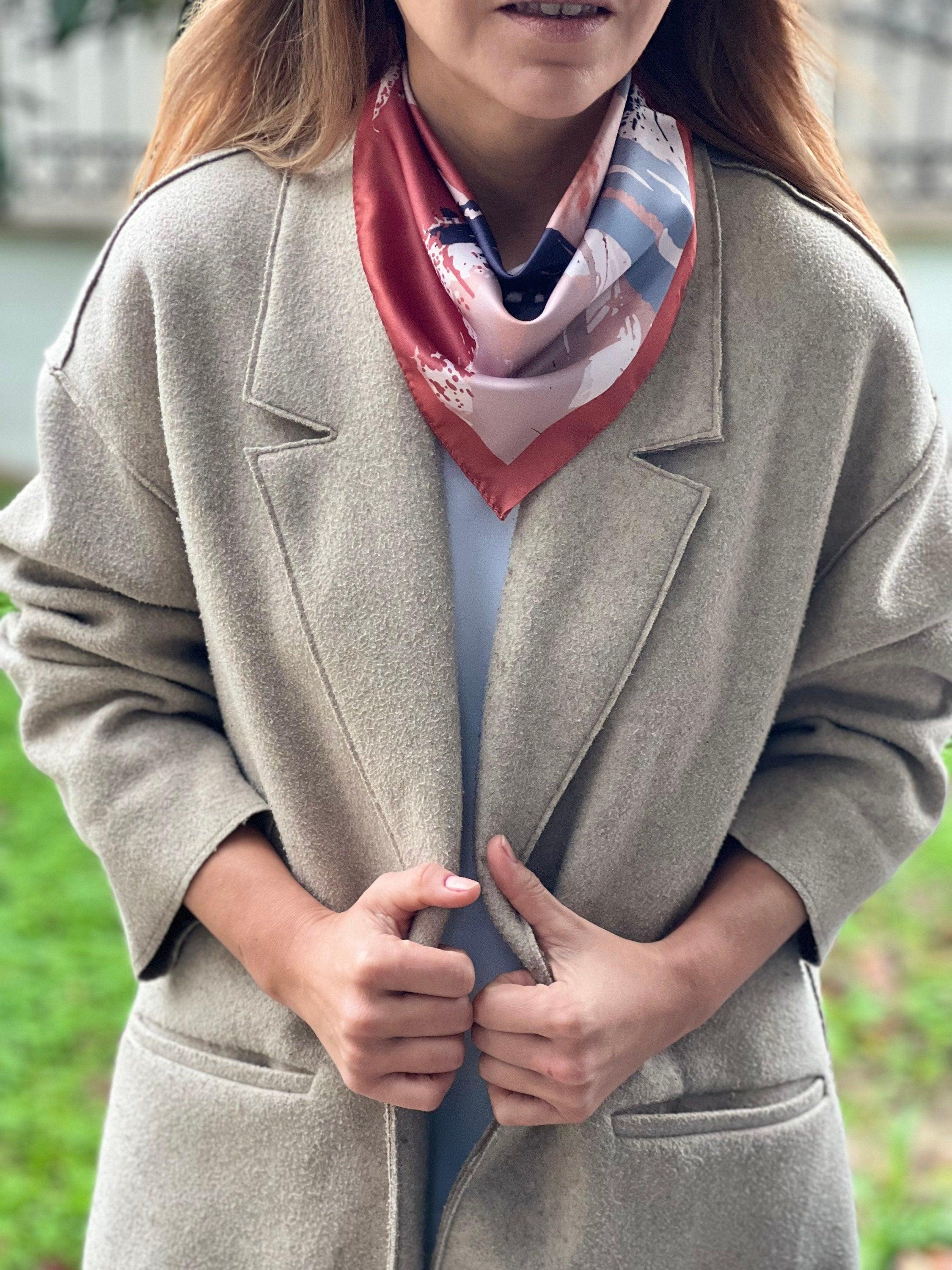High-Quality 100% Satin Spring Scarf in Dark Blue Cream Art Pattern - Gift for Women, Neck Scarf, Hair Scarf, Red White Head Scarf available at Moyoni Design